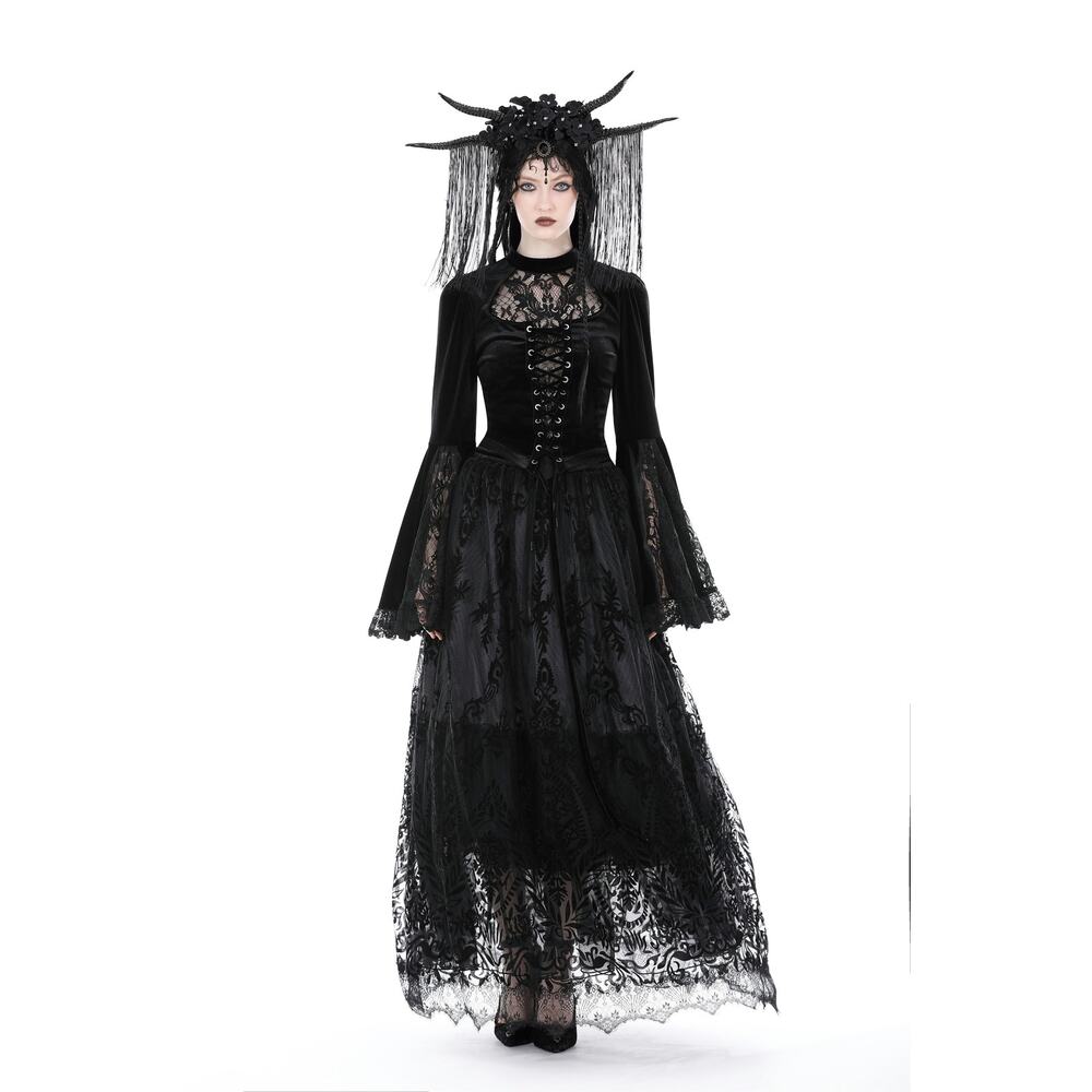 Dark in Love Victorian Vkei Velvet & Lace Belle Sleeve Lace-Up Front Top - Picture 12 of 14